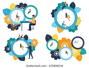 Set of vector illustrations, round clock on white background, time management concept.