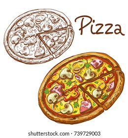 Set of vector illustrations of round Italian pizza whole and slice with ham, pepper and mushrooms, colored and no isolated on white batsground in engraving style. Template, element for design.