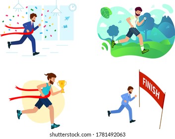 Set Of Vector Illustrations With Runner. Man Is Jogging In The Park. Concept Healthy Active Lifestyle. Happy Businesswoman Crossing The Finish Line. Modern Flat Style.