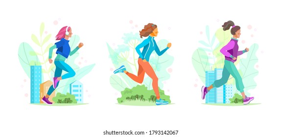 A set of vector illustrations of running girls in a spring Park, square and city with decorative leaves and herbs. Summer outdoor sports.