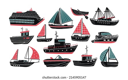 A set of vector illustrations of sailing boats and boats with engines.