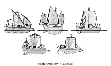 set of vector illustrations of sailing ships