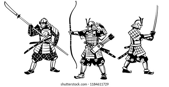 Set of vector illustrations of samurai. Hand drawn illustration.