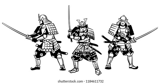 Set of vector illustrations of samurai. Hand drawn illustration.