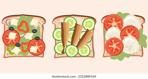 Set of vector illustrations for sandwiches or toast with various ingredients. Vector illustration EPS10.