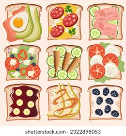 Satz von Vektorgrafiken für Sandwiches oder Toast mit verschiedenen Zutaten. Vektorgrafik EPS10.