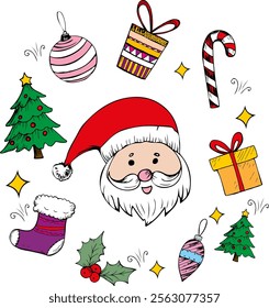 Set of vector illustrations of Santa Claus, socks, Christmas tree, gifts. Christmas color drawings, doodle pictures.