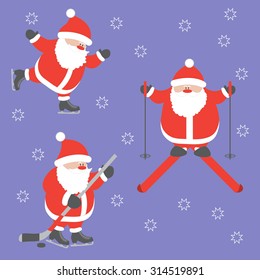 Set of vector illustrations of Santa Claus engaged in winter sports