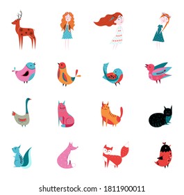 Set of vector illustrations in Scandinavian style. Scandinavian animals and people, cartoon style. 