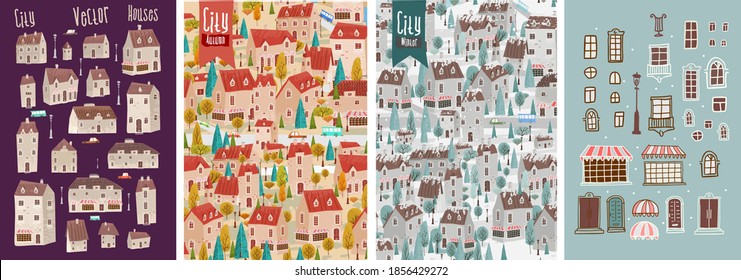 Set of vector illustrations in the Scandinavian style, houses, autumn European city, winter city, elements. Hand drawn tiled roofs of houses. Vector pattern. 