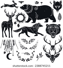 Set of vector illustrations in scandinavian style. Forest animals