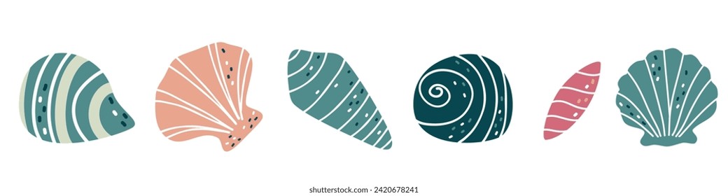 Set of vector illustrations in Scandinavian style. Cute shells and seashells on white background 