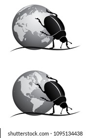 set of vector illustrations with scarab and globe in black and white colors