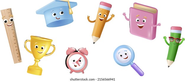A set of vector illustrations of school characters. Educational items 3D cartoon mascots such as pencil and book, cup, ruler, magnifying glass. for Back to School elements on a white background.