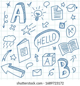 Conjunto de ilustraciones vectoriales de la educación escolar en el fondo de una hoja portátil. Dibujo de Doodle aprendiendo un idioma
