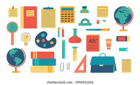 Set of vector illustrations with school supplies on a white background. Decor elements for back to school design.