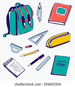 Set of vector illustrations of school supplies. Blue ink doodles on checked paper background. Green, yellow, blue and red childish painting of school supplies.