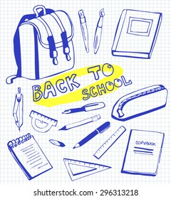 Set of vector illustrations of school supplies. Blue ink doodle sketches on checked paper background. Back to school theme. 