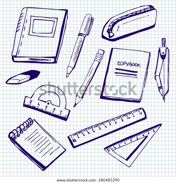 Set of vector illustrations of\
school supplies. Blue ink doodles on lined paper\
background.