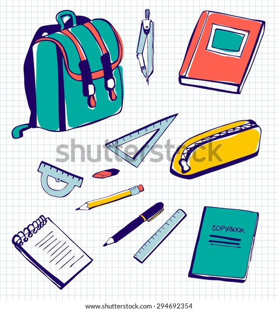 Set of vector illustrations\
of school supplies. Blue ink doodles on checked paper background.\
Green, yellow, blue and red childish painting of school\
supplies.