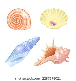 Set of vector illustrations of sea shells of different shapes and colors in cartoon style