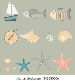 Set of vector illustrations of sea shells, sea stars, fishes and ship