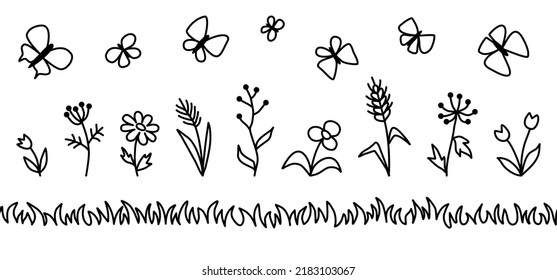 Set of vector illustrations, seamless border of grass, flowers and butterflies.