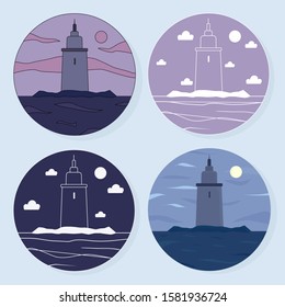 
Set of vector illustrations. Seascape with a lighthouse in a circle. For logo and advertising.