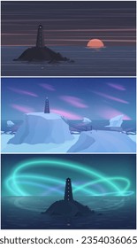 Set of vector illustrations.  Seascape, winter landscape.  Shades of sunrise.  Northern aurora colors.  Different sky.  Minimalism and detailing.  Background for wide screens.  Sea horizon.