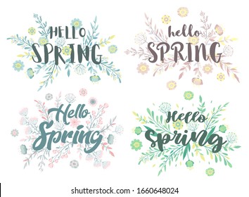 Set of vector illustrations with season quote Hello spring, hand drawn flowers, leaf and floral elements for greeting card, invitation template, banner and poster