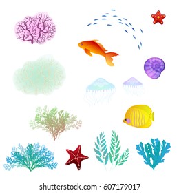 Set of vector illustrations of seaweed and fish.