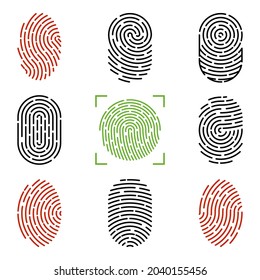 Set of vector illustrations of security fingerprint authentication. Finger identity, technology biometric illustration. Fingerprint template collection.