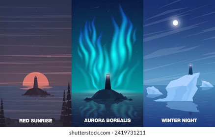 Set of vector illustrations. A series of three vertical landscapes. Winter, summer, spring. Night, morning and evening. Three lonely lighthouses. Different backgrounds for your projects.
