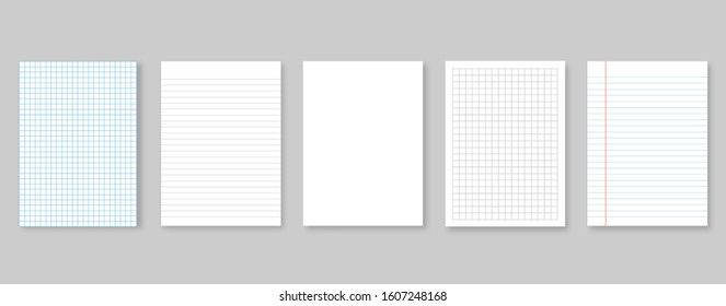 Set of vector illustrations sheets paper. Lined and square, on gray background