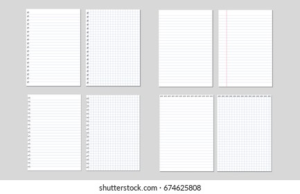 Set of vector illustrations of sheets of paper lined and square, isolated on white background