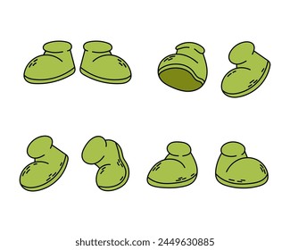 Set of vector illustrations of shoes for cartoon characters. Groovy character in flat style.