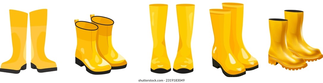 set of vector illustrations, shoes, yellow rubber shoes in different styles, different shapes and angles