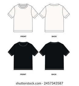 Set of vector illustrations of short sleeve top front and back view. Contour sketch of shortened t-shirt with round neck. Template of jersey shirt in sporty style, white and black colors.