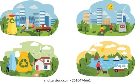 Set of vector illustrations showcasing clean and renewable energy sources in harmonious scenes.  Features wind turbines, solar panels, and clean power plants in pollution-free environments