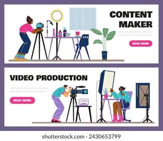 Set of vector illustrations showcasing content creators: a vlogger setting up a camera, a videographer at work, and an animator by their desk.