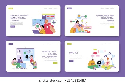 Set of vector illustrations showcasing educational technology themes including early coding, gamification, university collaboration, and robotics. Features cartoon-style graphics.