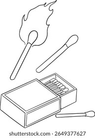 Set of vector illustrations showcasing matches. Includes a lit match with flame, unlit matches, and an open matchbox with matches inside. Perfect for fire safety, camping, or everyday use concepts.