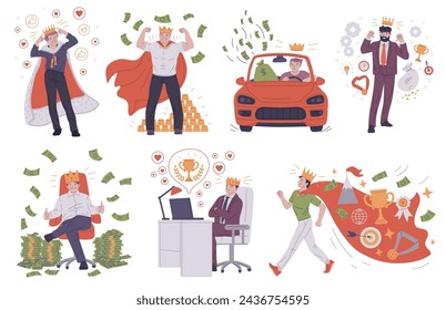 A set of vector illustrations showcasing men in success-themed scenarios, featuring symbols of wealth, power, and achievements such as money, a sports car, and a trophy.