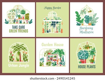 Set of vector illustrations showcasing themed greenhouses, each uniquely designed with a variety of lush indoor plants and gardening elements, accompanied by inspirational phrases