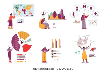 A set of vector illustrations showing demographic data with digarmammies and graphs. The perfect template for demographic and economic statistics reports.