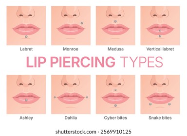 Set of vector illustrations showing different types of lip piercing.