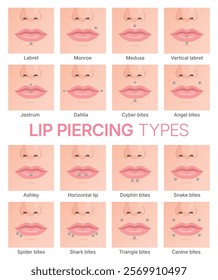 Set of vector illustrations showing different types of lip piercing.