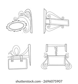 Set of vector illustrations showing different hanging signboard designs with metal brackets and decorative scroll elements.