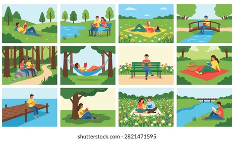 Set of vector illustrations showing diverse people enjoying reading in various outdoor locations: by pond, under tree, on grass, in hammock, on pier.