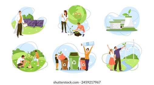 Set of vector illustrations showing eco-friendly activities and green energy on a white background, concept of environmental conservation. Vector illustration